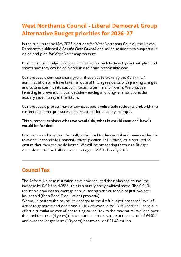 West Northants Council - Liberal Democrat Group Alternative Budget priorities for 2026–27